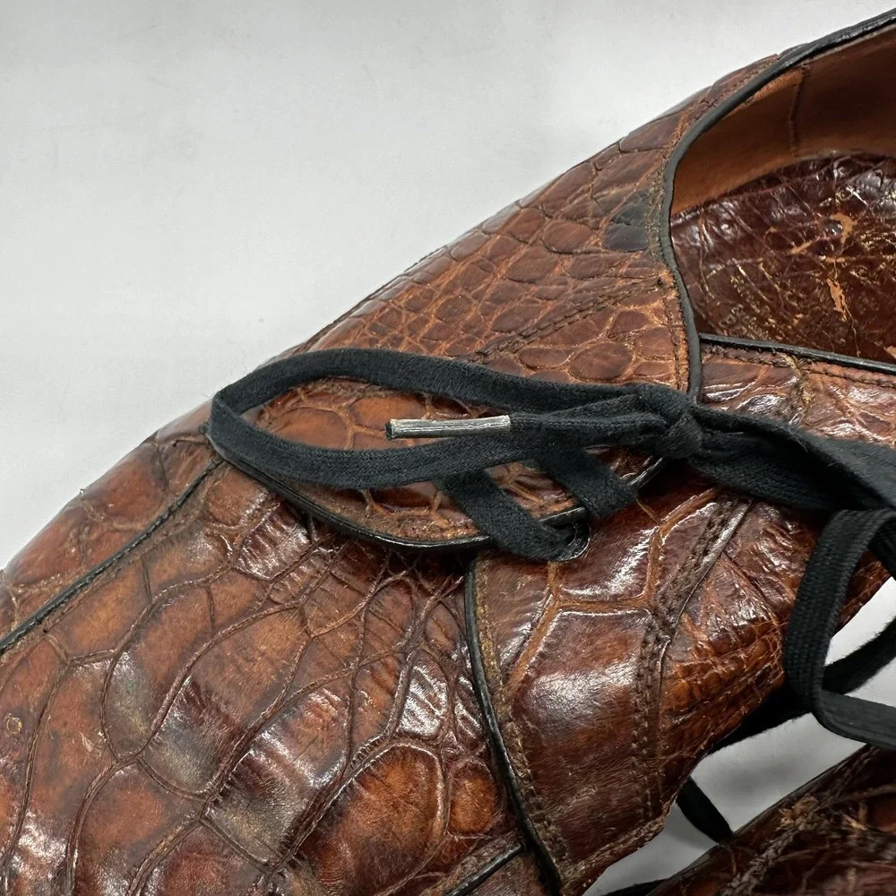 Vintage Dover Crocodile Derby Dress Shoes Mens EU 38.5 US 6 Brown Exotic Leather